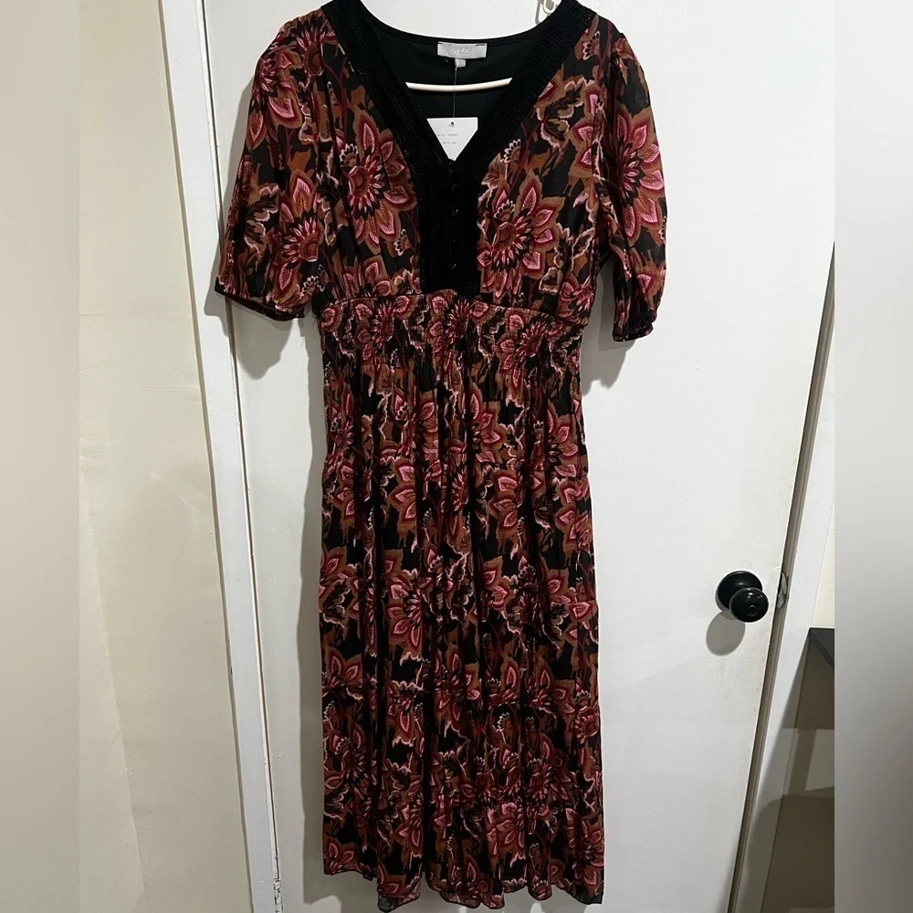 J gee Red and Black Puff Sleeve V-Neck Maxi Sundress - Picture 1 of 10